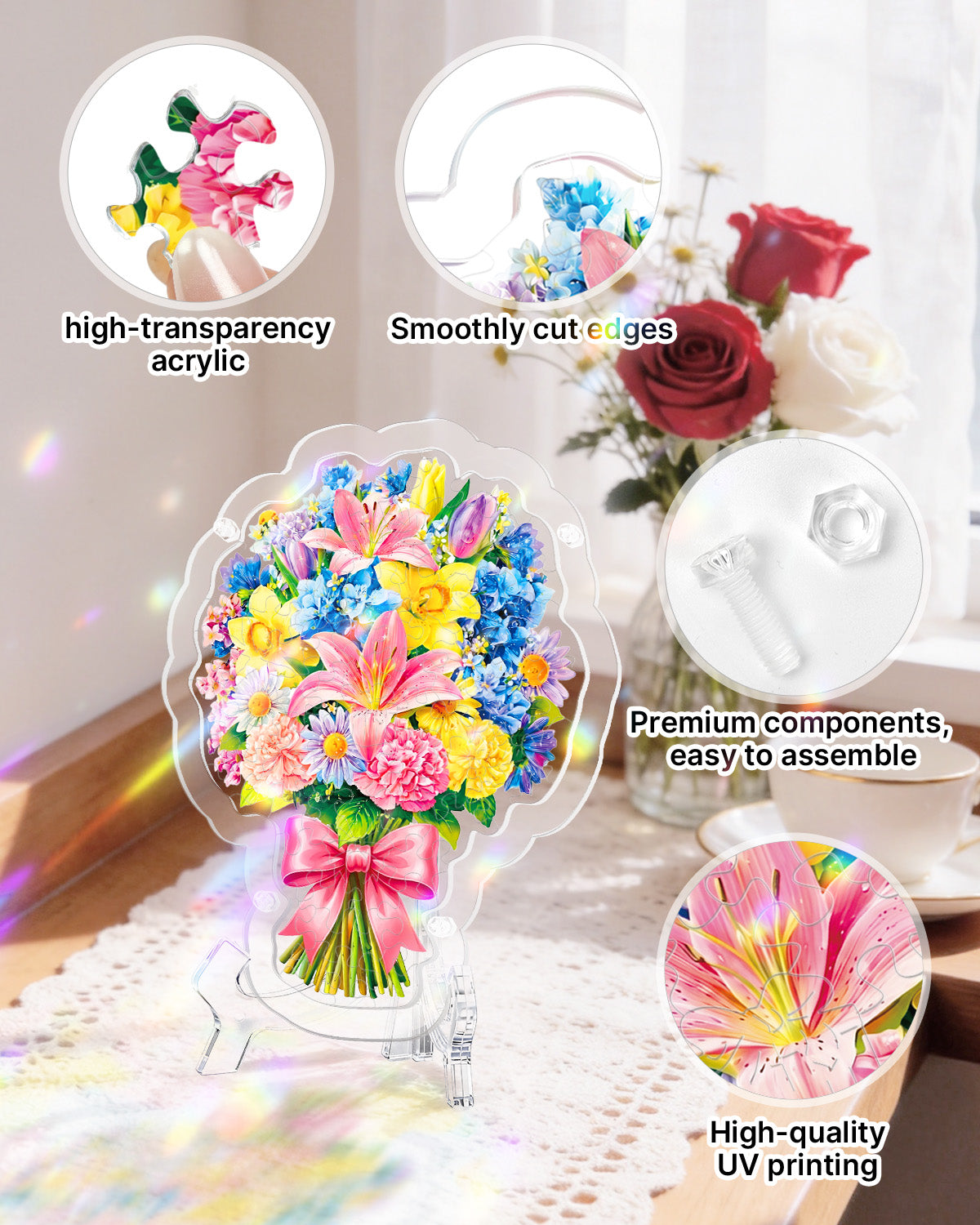 Acryl-Tisch-Fensterbild ¨C Strau? aus rosa Lilien und Narzissen