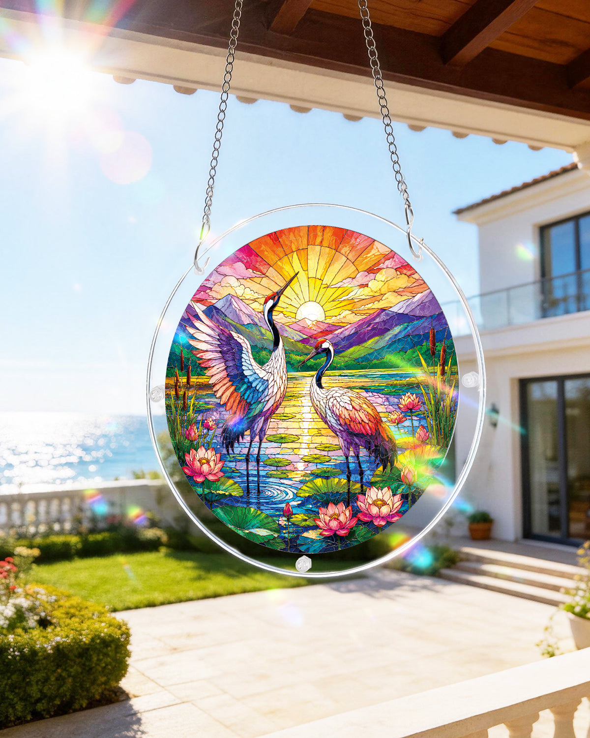 Kraniche im Sonnenaufgang Lichtf?nger-Acrylfensterkunst