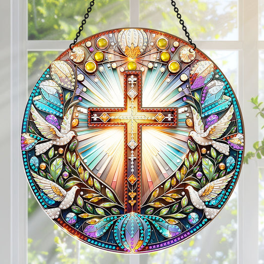 Radiant Cross & Doves -  Window Hanging Suncatcher