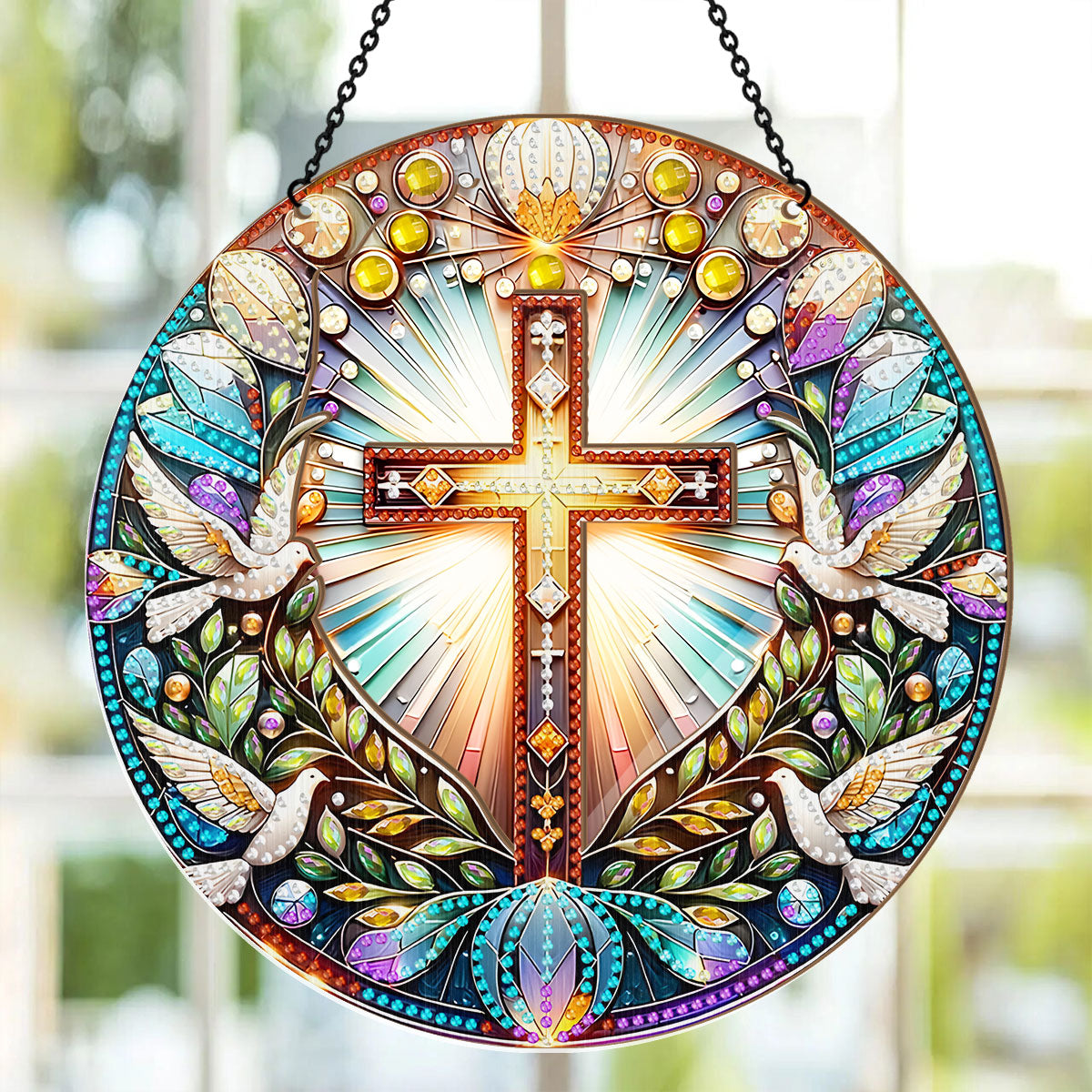 Radiant Cross & Doves -  Window Hanging Suncatcher