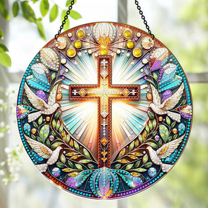 Radiant Cross & Doves -  Window Hanging Suncatcher