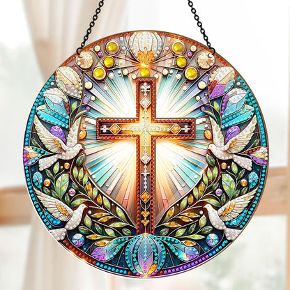 Radiant Cross & Doves -  Window Hanging Suncatcher