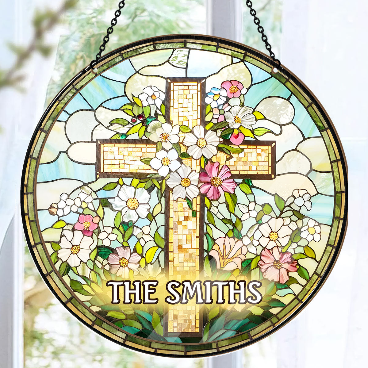 Christian Cross Wildflower - Personalized Window Hanging Suncatcher