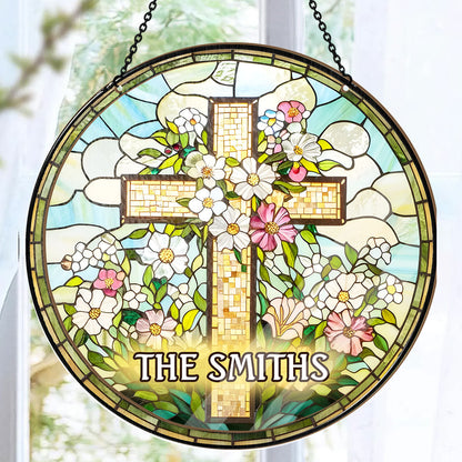 Christian Cross Wildflower - Personalized Window Hanging Suncatcher