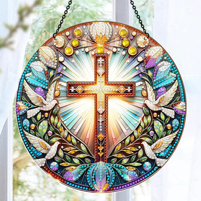 Radiant Cross & Doves -  Window Hanging Suncatcher